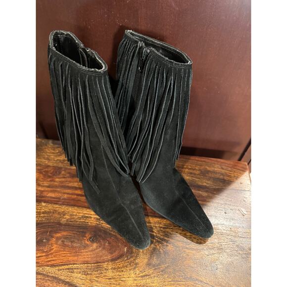 Black Suede Fringe Pointed Toe Heeled Boots Western Boho Indie Glam W Sz 7 - Picture 5 of 7
